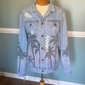 Brooklyn Industries Denim Jacket Mens M Trucker Painted Palm Trees Streetwear